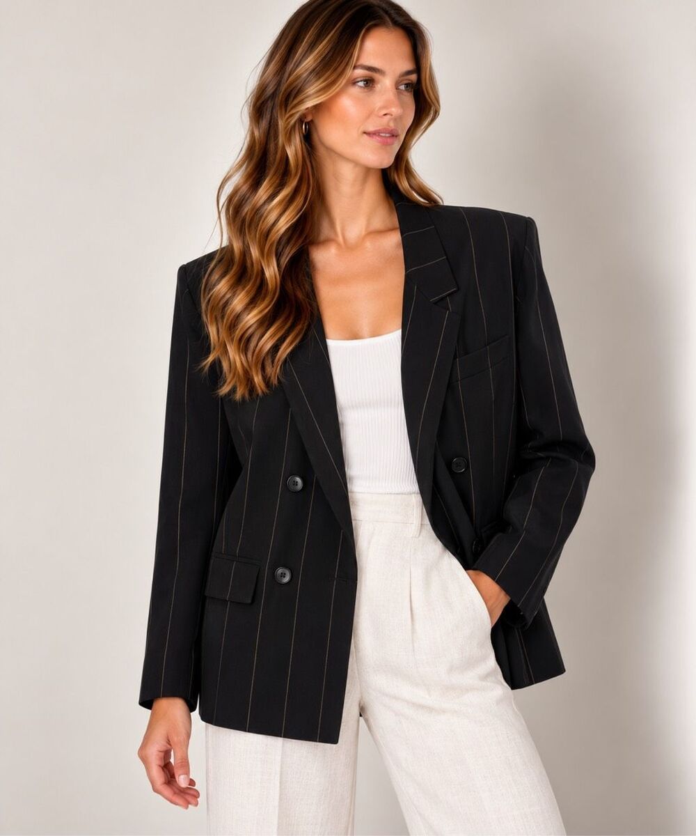 Max Mara 100% Wool Pinstripe Blazer Women’s Size 8 Black Tan Double Breasted